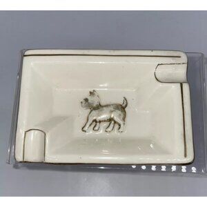 Vintage Scottish Scotty Dog Puppy Ashtray Trinket Dish Japan 4” Ivory Gold